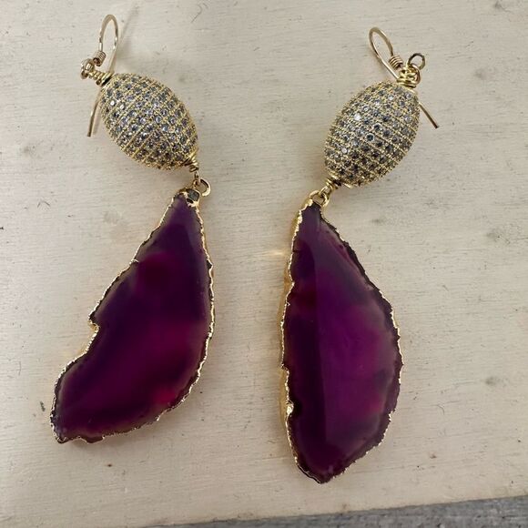 14k GF Pave Set Rhinestone Pink Agate Earrings - Picture 1 of 8